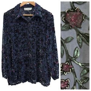 Vtg Travis‎ Ayers Silk Sheer Purple Floral Velvet Burnout Button Up Blouse Sz 14